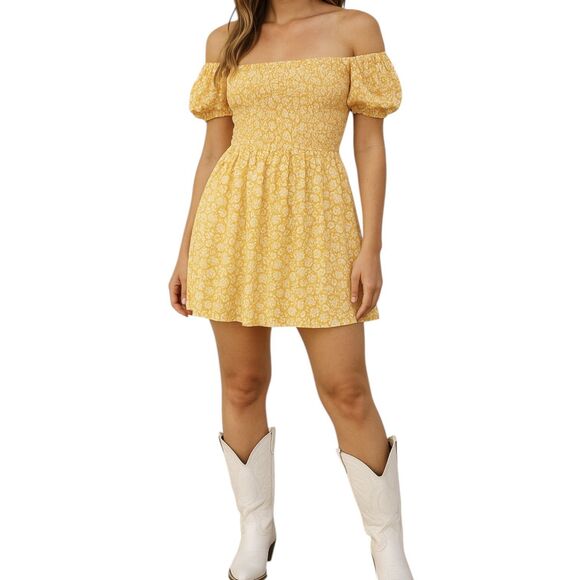 Lost‎ + Wander Yellow Ditsy Floral Smocked Cottagecore Boho Rayon Mini Dress S - Picture 11 of 12